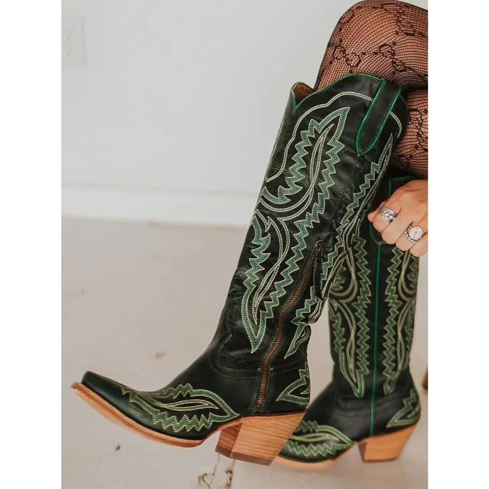 Women's Green Vintage Chunky Tall Knee High Heel Western Embroidery Boots - Picture 7 of 7